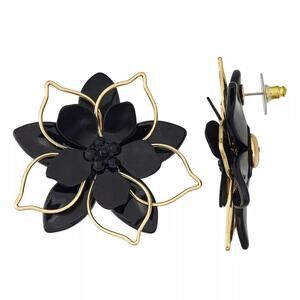 NWT Nine West Black & Gold Tone Large Ornate Floral Stud Earrings
